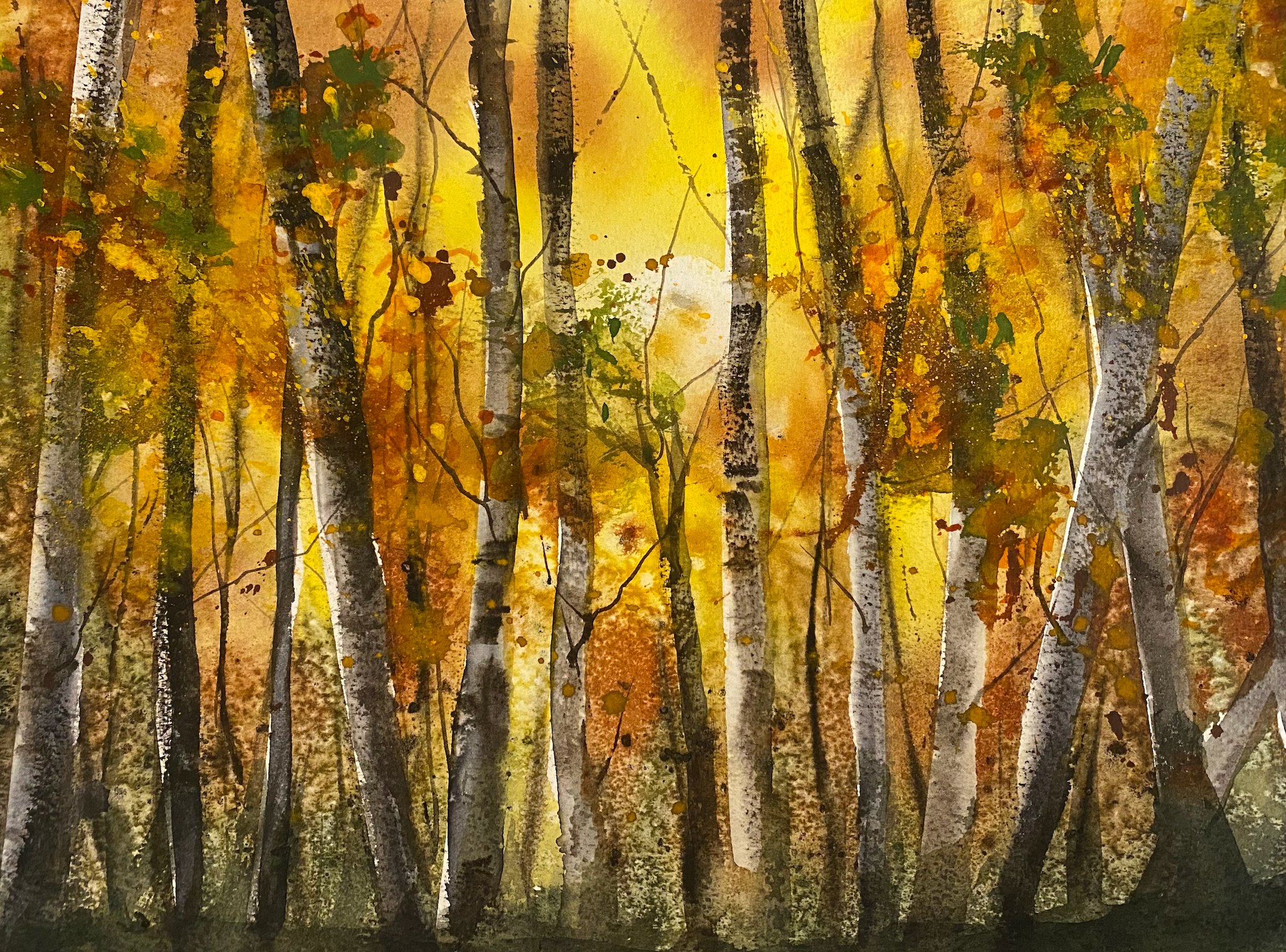 Golden Birch Forest — sold watercolour by Zakia Khan