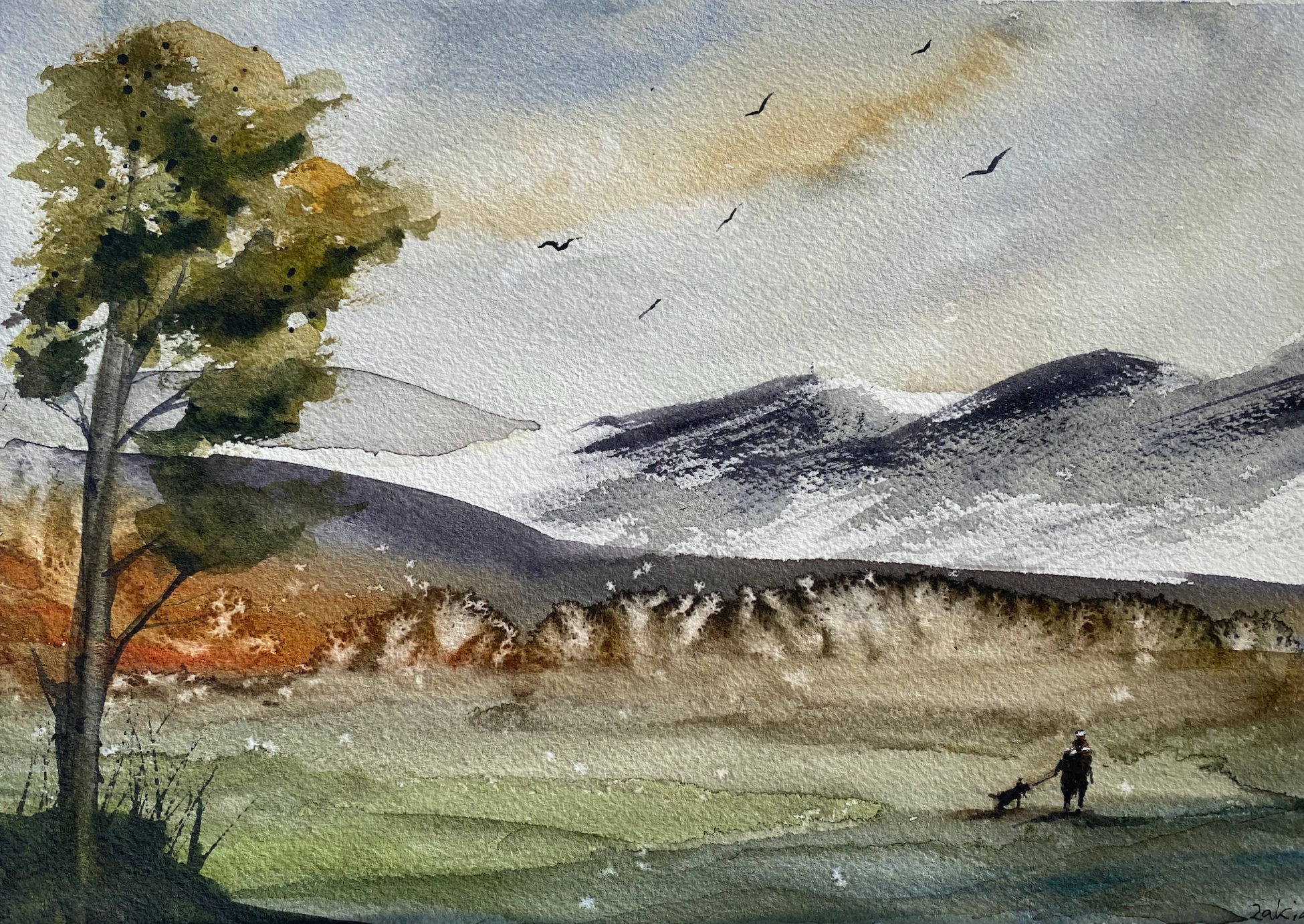 Mountain Walk — sold watercolour by Zakia Khan