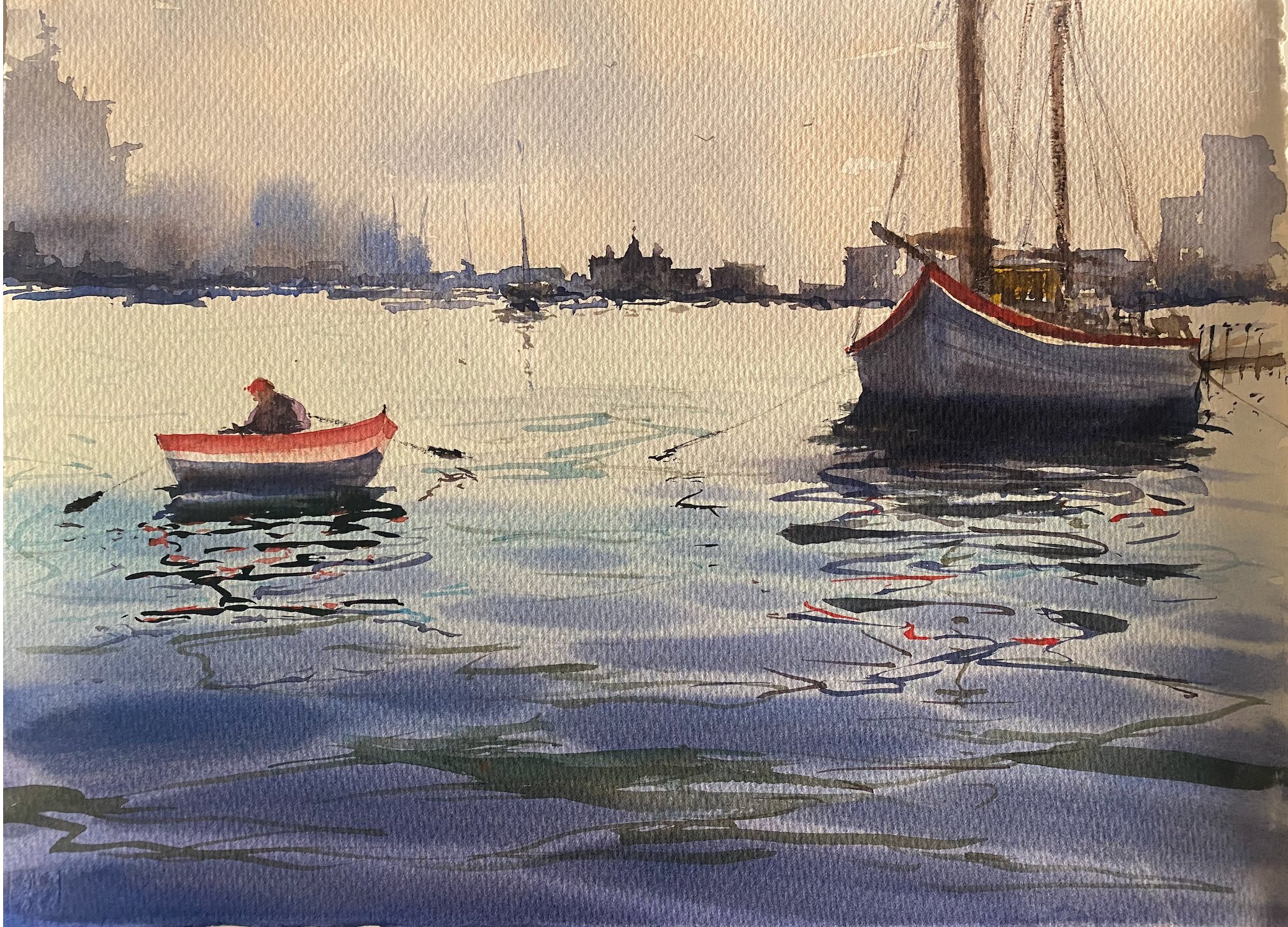Skeppsholmen with Boats — sold watercolour by Zakia Khan